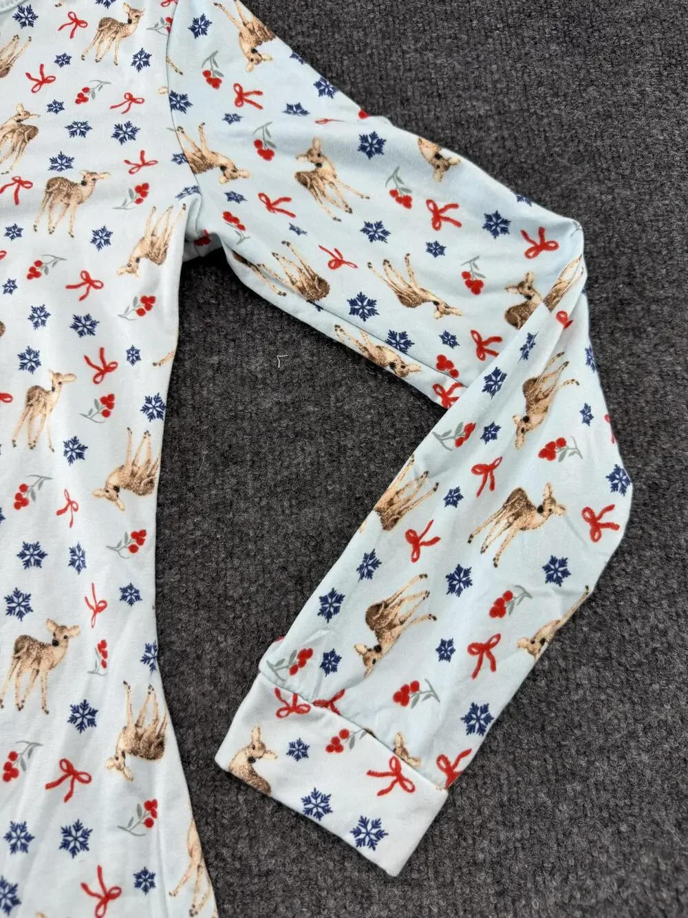 Pajama Romper Womens M Blue Deer Snowflake Christmas Fleece Button Long Sleeve